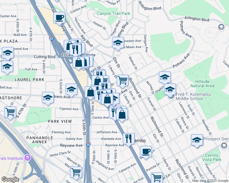 map of restaurants, bars, coffee shops, grocery stores, and more near 6523 Potrero Avenue in El Cerrito