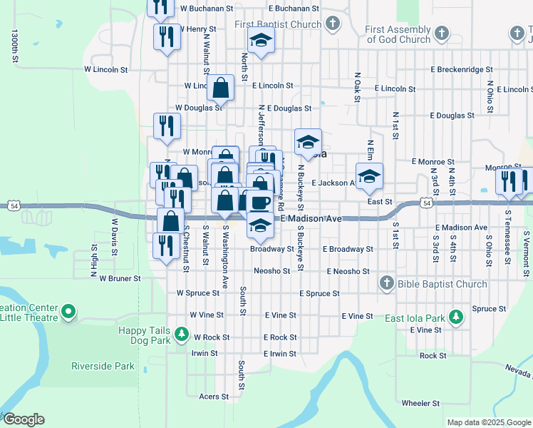 map of restaurants, bars, coffee shops, grocery stores, and more near 108 East Madison Avenue in Iola