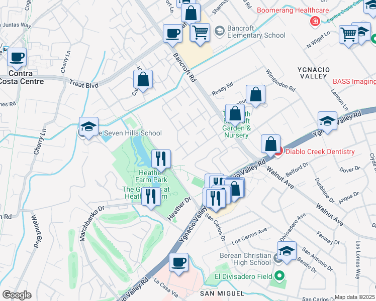 map of restaurants, bars, coffee shops, grocery stores, and more near 1913 Vía Appia in Walnut Creek