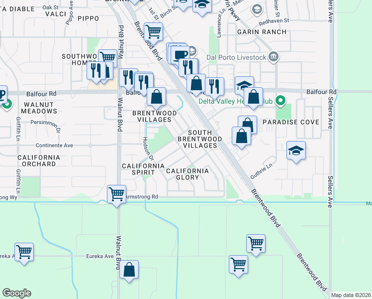map of restaurants, bars, coffee shops, grocery stores, and more near 3090 Mills Drive in Brentwood