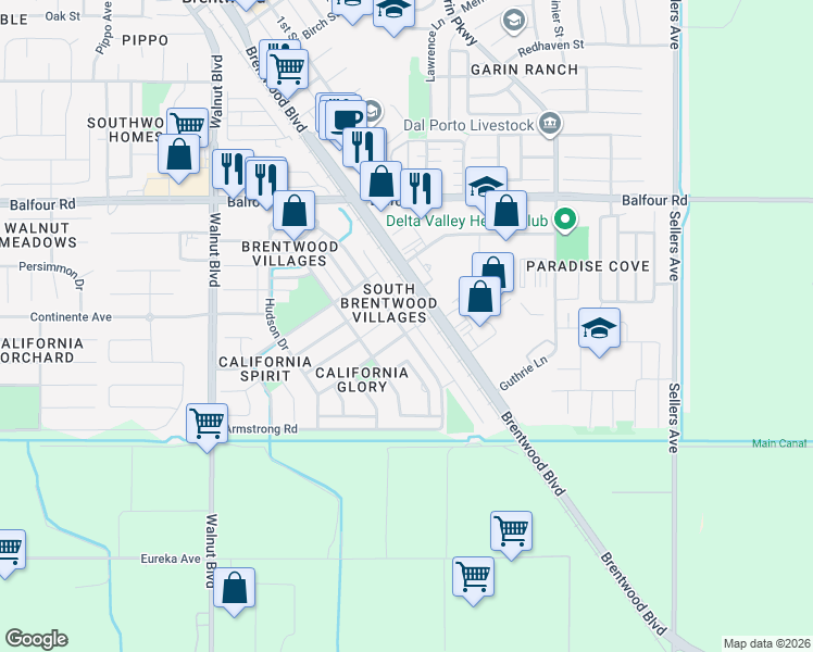 map of restaurants, bars, coffee shops, grocery stores, and more near 269 Alta Street in Brentwood