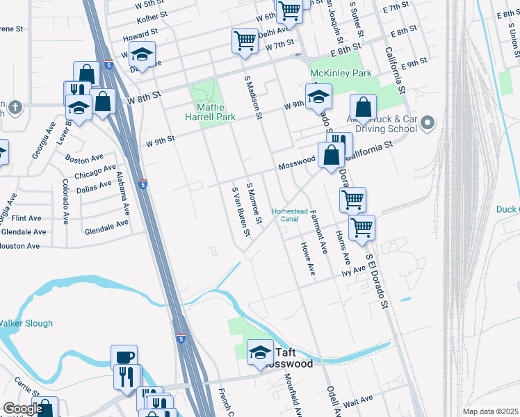 map of restaurants, bars, coffee shops, grocery stores, and more near 2744 South Monroe Street in Stockton