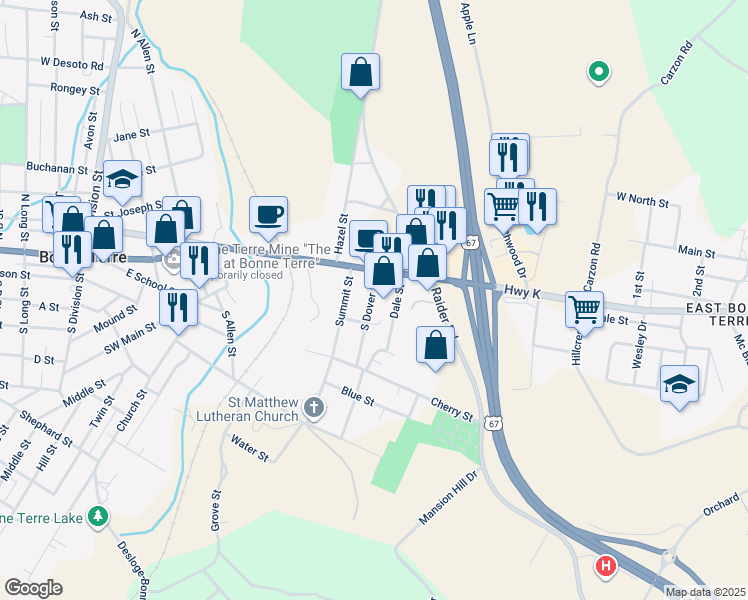 map of restaurants, bars, coffee shops, grocery stores, and more near 20 South Dover Street in Bonne Terre