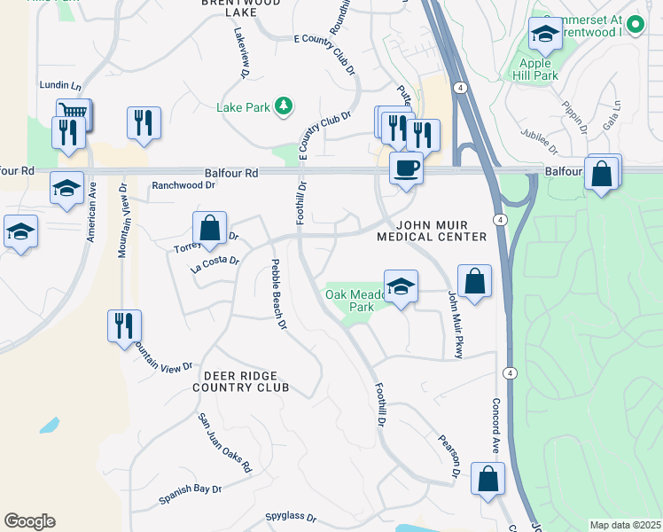 map of restaurants, bars, coffee shops, grocery stores, and more near 214 Chaparral Drive in Brentwood