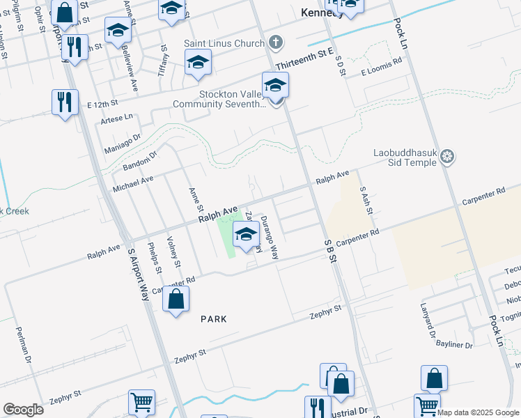 map of restaurants, bars, coffee shops, grocery stores, and more near 3320 Durango Way in Stockton