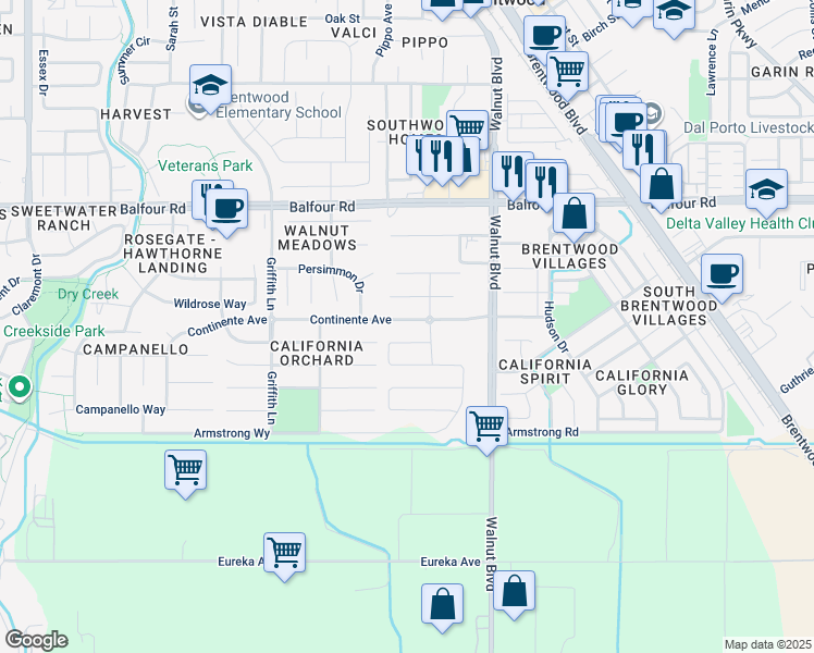 map of restaurants, bars, coffee shops, grocery stores, and more near 158 Continente Avenue in Brentwood