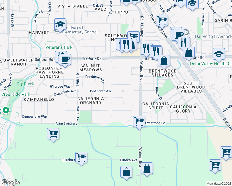 map of restaurants, bars, coffee shops, grocery stores, and more near 158 Continente Avenue in Brentwood