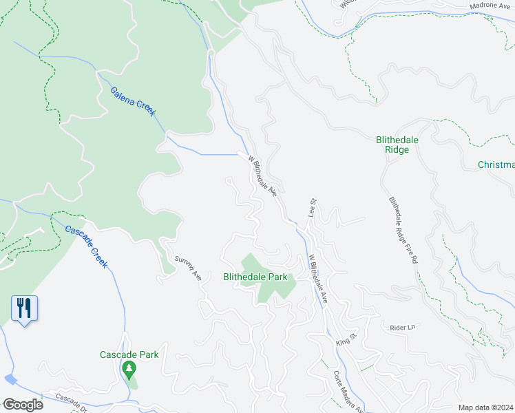 map of restaurants, bars, coffee shops, grocery stores, and more near 1 El Capitan Avenue in Mill Valley