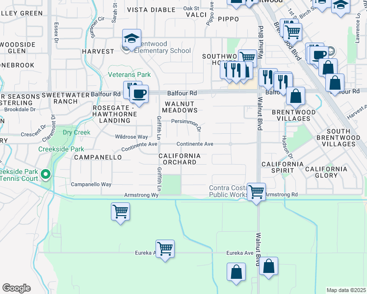 map of restaurants, bars, coffee shops, grocery stores, and more near 497 Edgefield Place in Brentwood