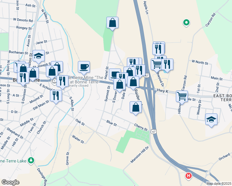 map of restaurants, bars, coffee shops, grocery stores, and more near 20 South Dover Street in Bonne Terre