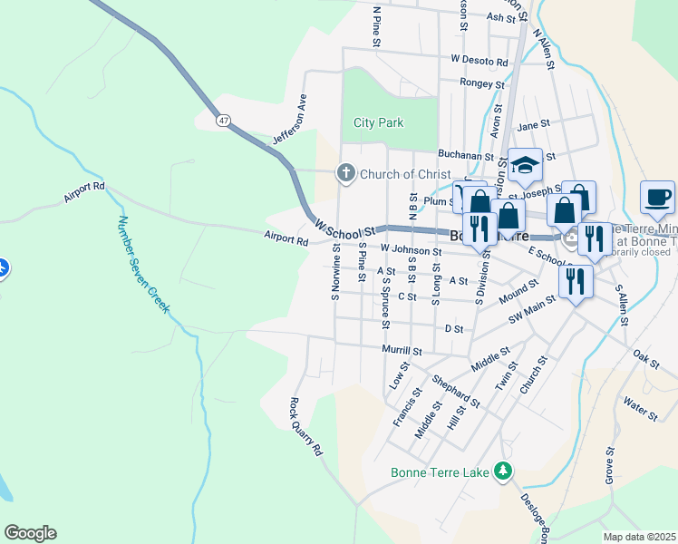 map of restaurants, bars, coffee shops, grocery stores, and more near 417 A Street in Bonne Terre