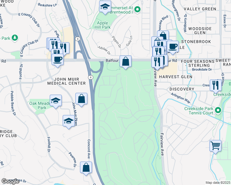 map of restaurants, bars, coffee shops, grocery stores, and more near 225 Upton Pyne Drive in Brentwood