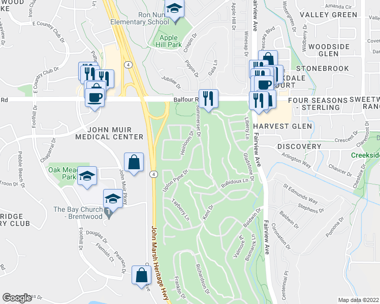 map of restaurants, bars, coffee shops, grocery stores, and more near 219 Upton Pyne Drive in Brentwood