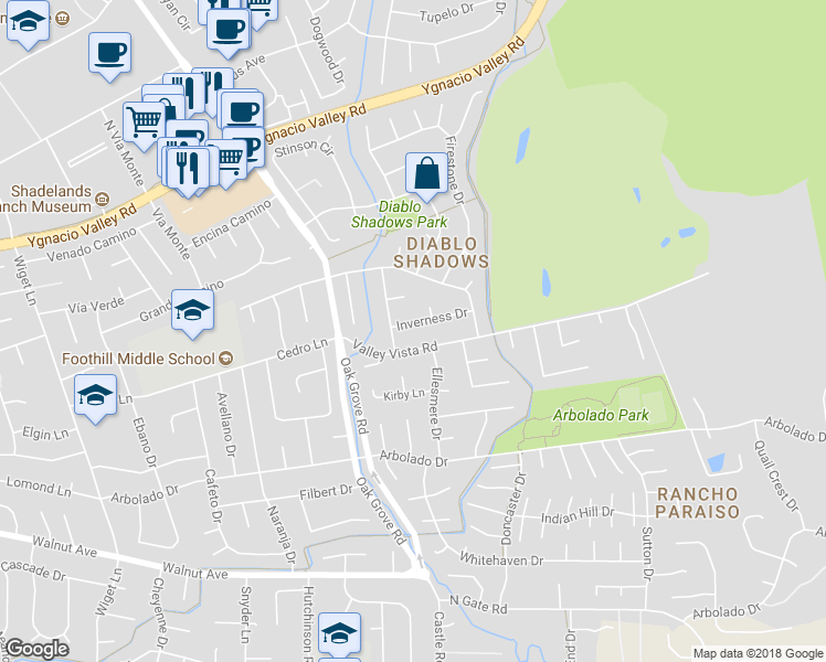map of restaurants, bars, coffee shops, grocery stores, and more near 3206 Valley Vista Road in Walnut Creek