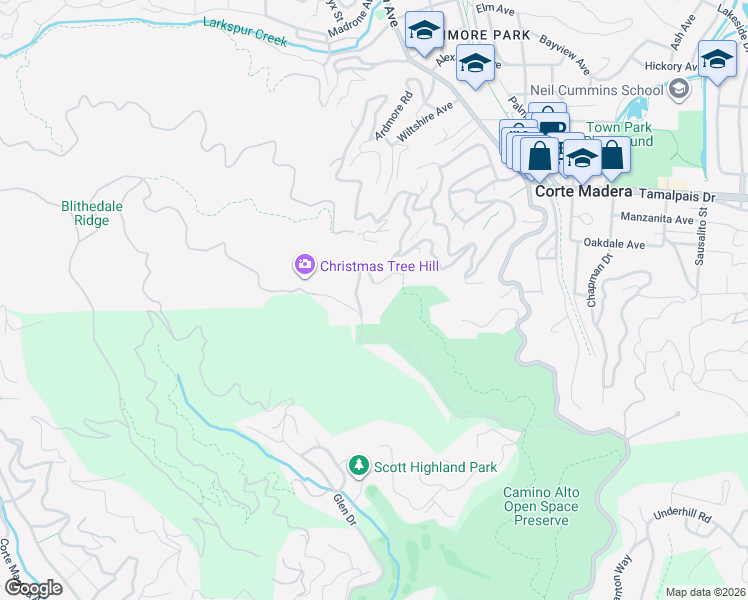 map of restaurants, bars, coffee shops, grocery stores, and more near 329 Summit Drive in Corte Madera