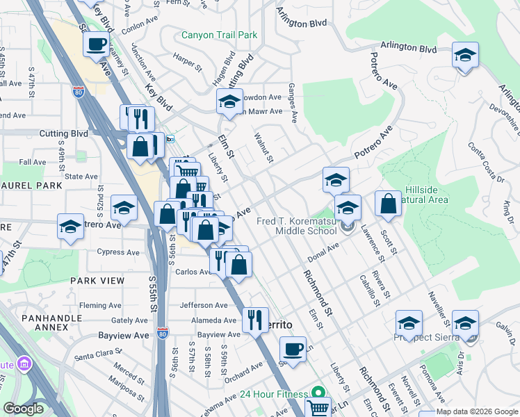 map of restaurants, bars, coffee shops, grocery stores, and more near 1546 Elm Street in El Cerrito