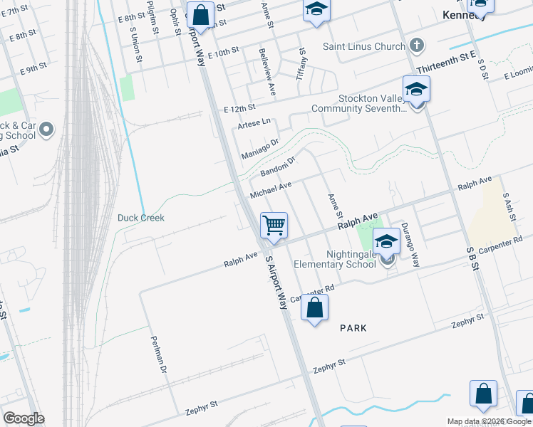 map of restaurants, bars, coffee shops, grocery stores, and more near 3212 Phelps Street in Stockton