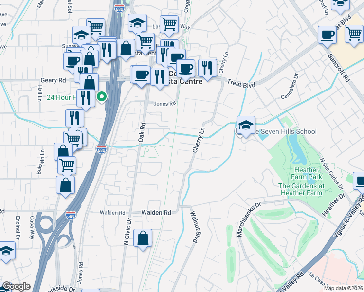 map of restaurants, bars, coffee shops, grocery stores, and more near 50 Frances Way in Walnut Creek