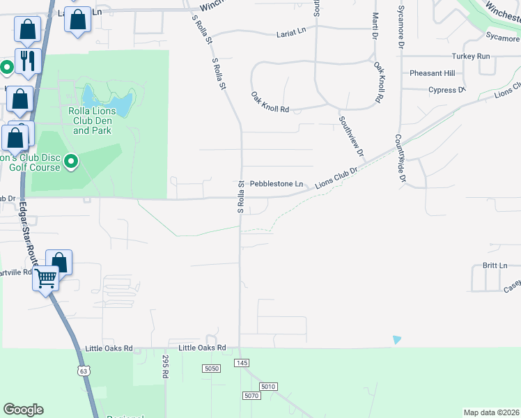 map of restaurants, bars, coffee shops, grocery stores, and more near 203 Belotta Drive in Rolla