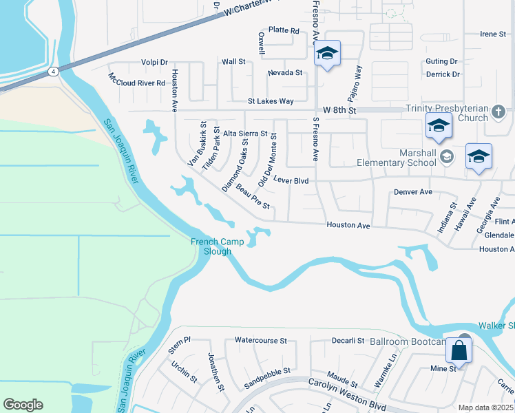 map of restaurants, bars, coffee shops, grocery stores, and more near 2037 Houston Avenue in Stockton