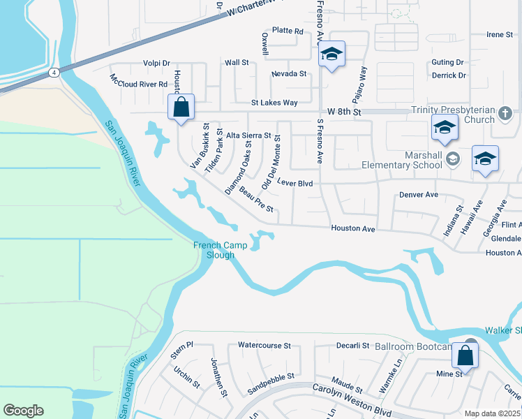 map of restaurants, bars, coffee shops, grocery stores, and more near 2037 Houston Avenue in Stockton