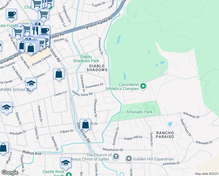 map of restaurants, bars, coffee shops, grocery stores, and more near 3465 Valley Vista Road in Walnut Creek
