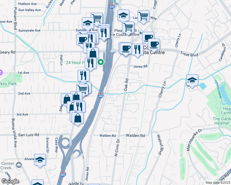 map of restaurants, bars, coffee shops, grocery stores, and more near 2675 Oak Road in Walnut Creek