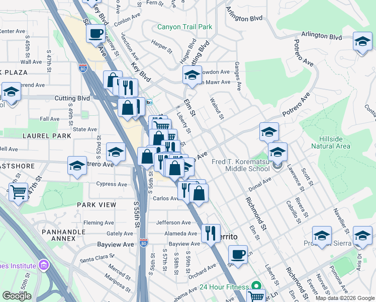 map of restaurants, bars, coffee shops, grocery stores, and more near 1616 Lexington Avenue in El Cerrito