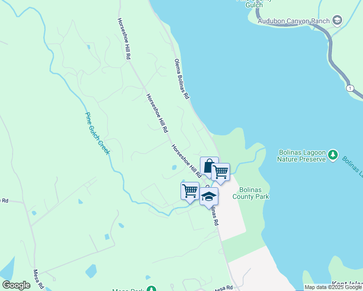 map of restaurants, bars, coffee shops, grocery stores, and more near 50 Horseshoe Hill Road in Bolinas