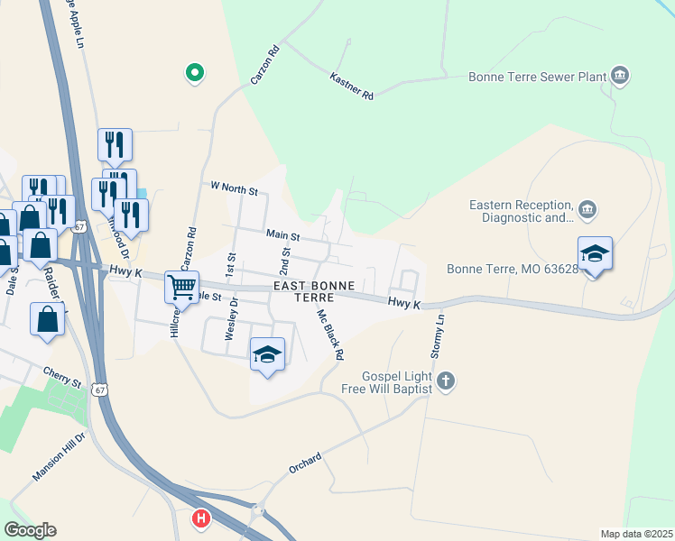 map of restaurants, bars, coffee shops, grocery stores, and more near 2523 Highway K in Bonne Terre