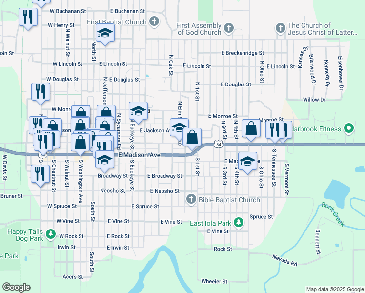 map of restaurants, bars, coffee shops, grocery stores, and more near 600-698 E Madison Ave in Iola