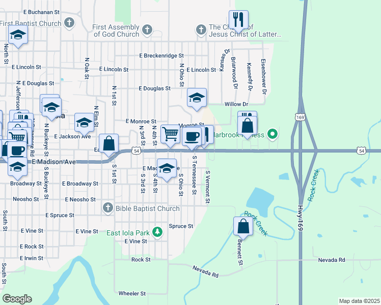 map of restaurants, bars, coffee shops, grocery stores, and more near 1 South Ohio Street in Iola