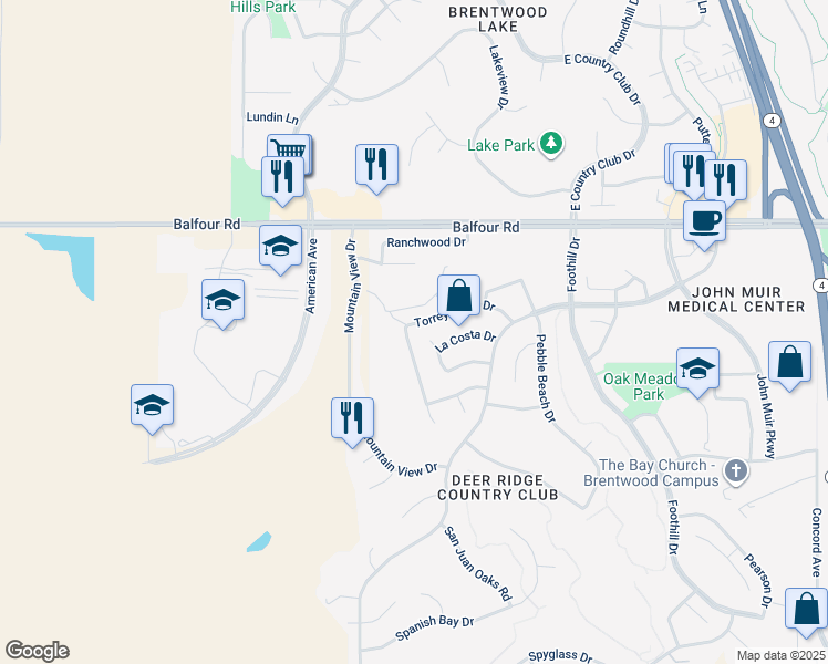 map of restaurants, bars, coffee shops, grocery stores, and more near 2640 Torrey Pines Drive in Brentwood