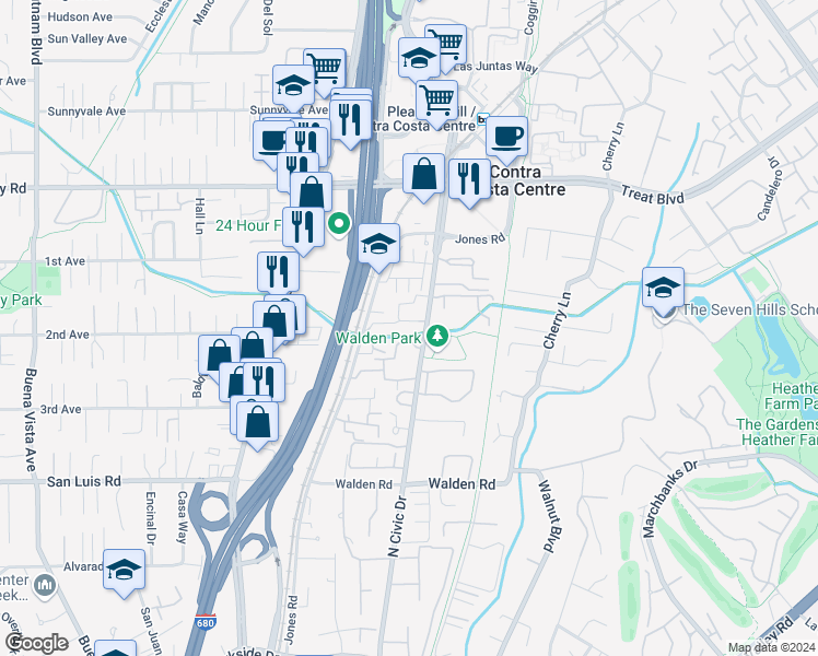 map of restaurants, bars, coffee shops, grocery stores, and more near 2675 Oak Road in Walnut Creek