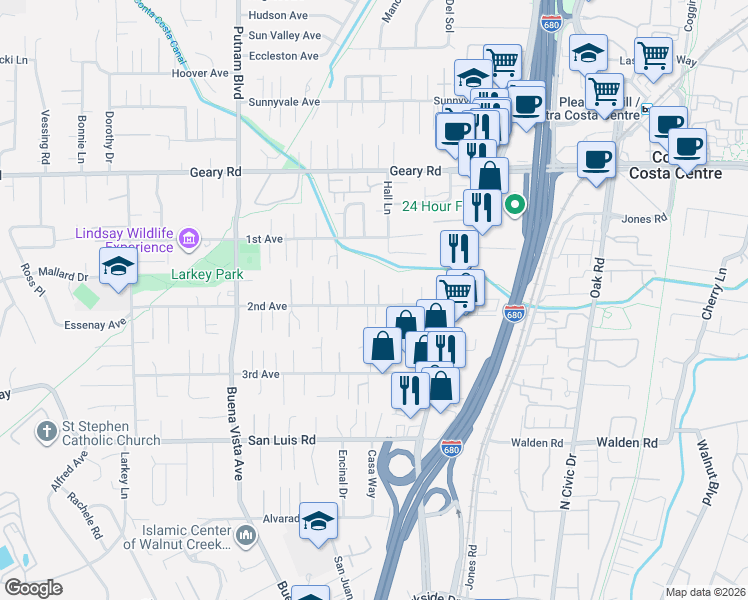 map of restaurants, bars, coffee shops, grocery stores, and more near 2683 Baldwin Lane in Walnut Creek
