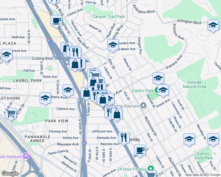 map of restaurants, bars, coffee shops, grocery stores, and more near 6523 Potrero Avenue in El Cerrito