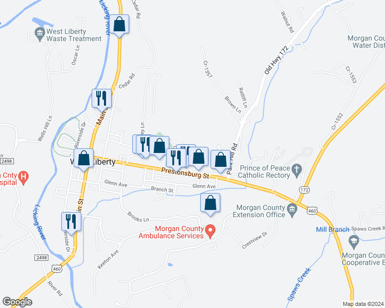 map of restaurants, bars, coffee shops, grocery stores, and more near 100 Liberty Heights Court in West Liberty