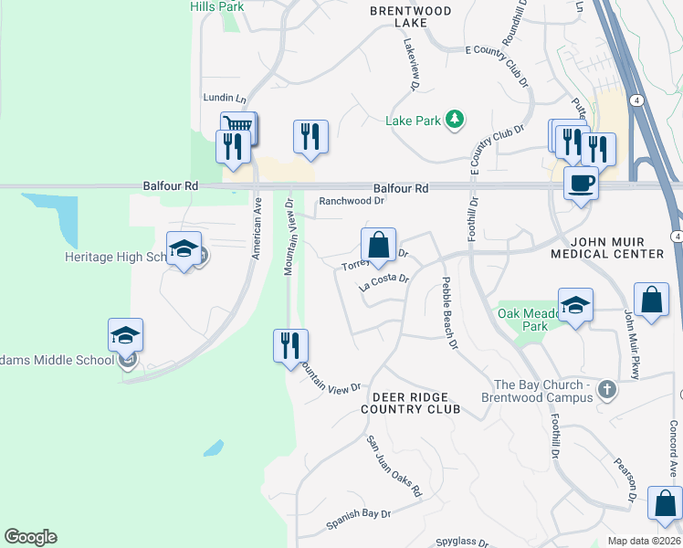 map of restaurants, bars, coffee shops, grocery stores, and more near 2647 Torrey Pines Drive in Brentwood