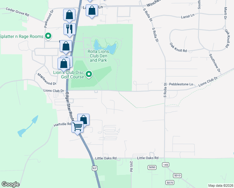 map of restaurants, bars, coffee shops, grocery stores, and more near 501 West Lions Club Drive in Rolla