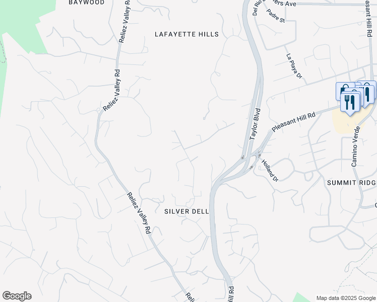 map of restaurants, bars, coffee shops, grocery stores, and more near 1556 Rancho View Road in Lafayette