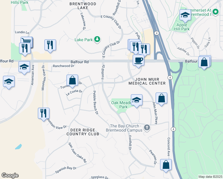 map of restaurants, bars, coffee shops, grocery stores, and more near 2304 Flora Court in Brentwood