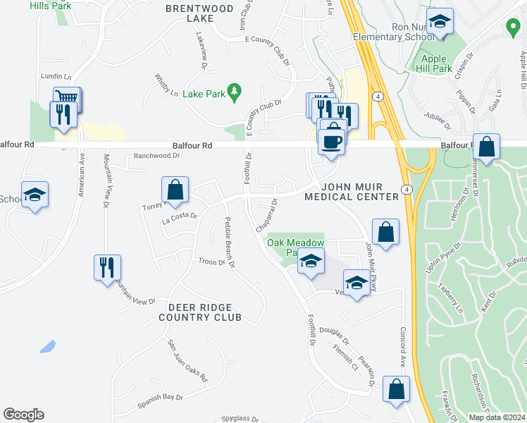 map of restaurants, bars, coffee shops, grocery stores, and more near 2306 Flora Court in Brentwood