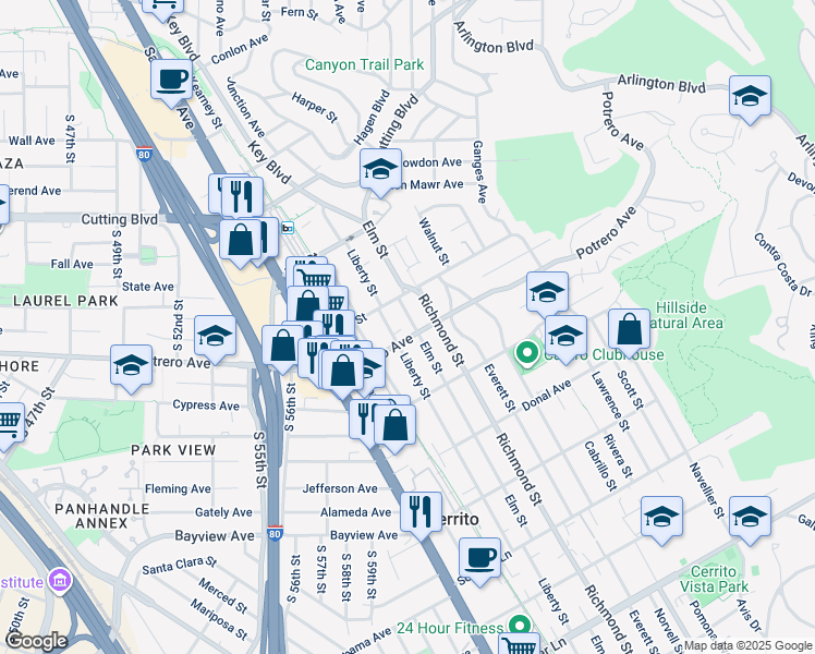 map of restaurants, bars, coffee shops, grocery stores, and more near 1607 Elm Street in El Cerrito