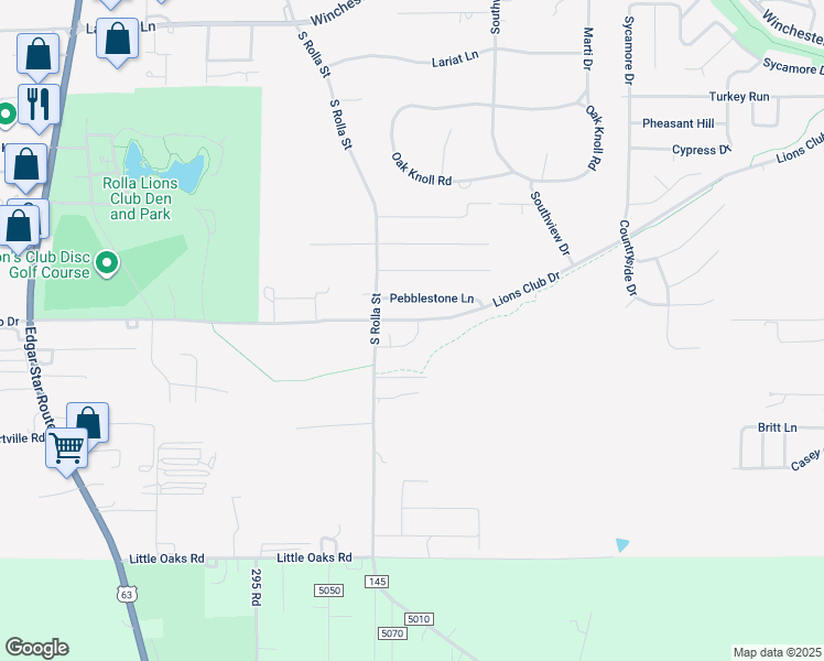 map of restaurants, bars, coffee shops, grocery stores, and more near 202 Belotta Drive in Rolla