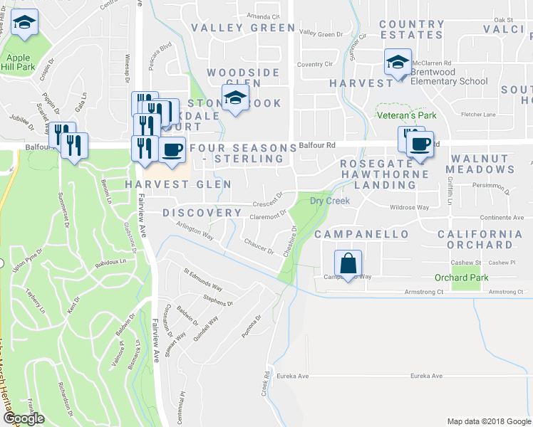 map of restaurants, bars, coffee shops, grocery stores, and more near 1091 Claremont Drive in Brentwood
