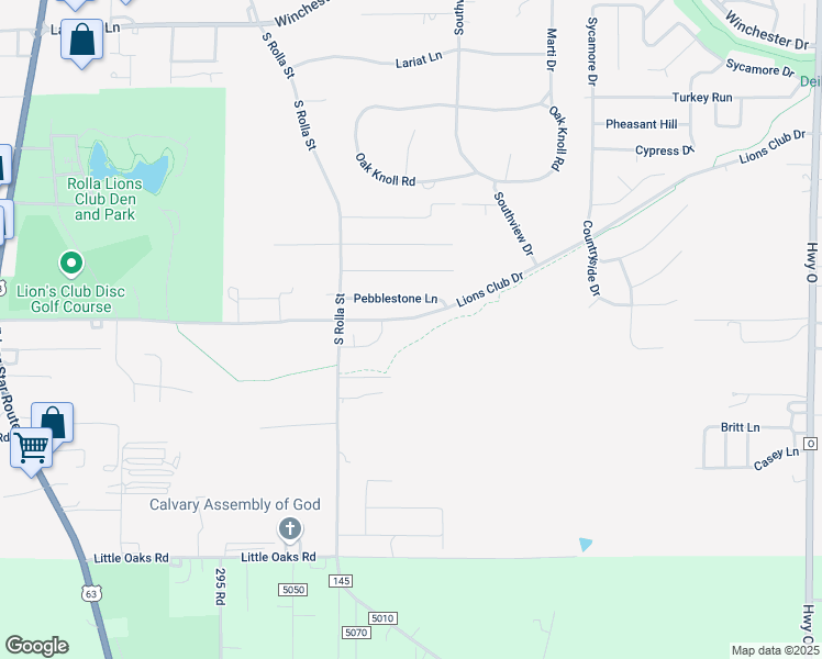 map of restaurants, bars, coffee shops, grocery stores, and more near 306 Lions Club Drive in Rolla
