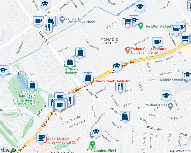 map of restaurants, bars, coffee shops, grocery stores, and more near 306 Barrow Court in Walnut Creek