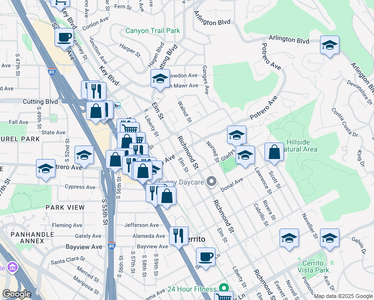 map of restaurants, bars, coffee shops, grocery stores, and more near 1570 Richmond Street in El Cerrito