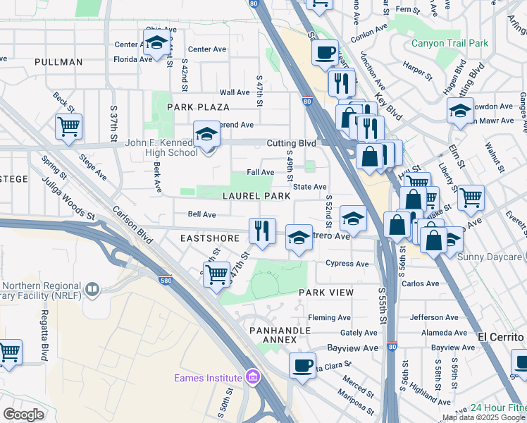 map of restaurants, bars, coffee shops, grocery stores, and more near 4725 Potrero Avenue in Richmond