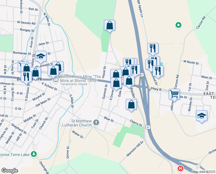 map of restaurants, bars, coffee shops, grocery stores, and more near 20 South Dover Street in Bonne Terre